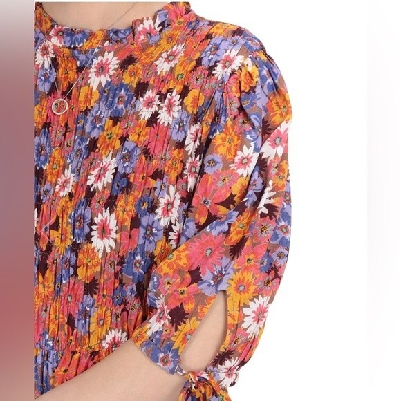 Vero Moda Multicolor Floral Peplum Smocked Top Ruffle Tie Sleeve Keyhole Back - Picture 3 of 15